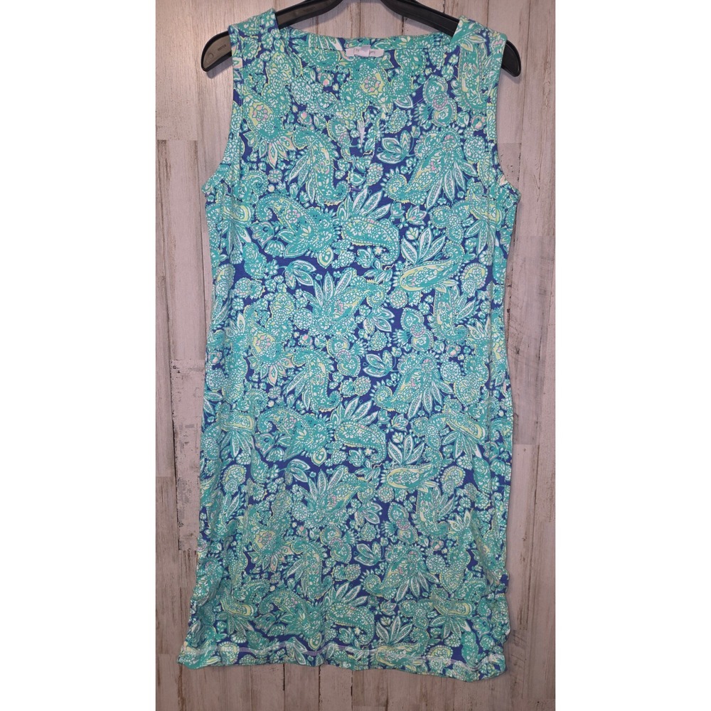 EUC Talbots size L Shift Jersey Dress Sleeveless Paisley Cotton stretch Ruched